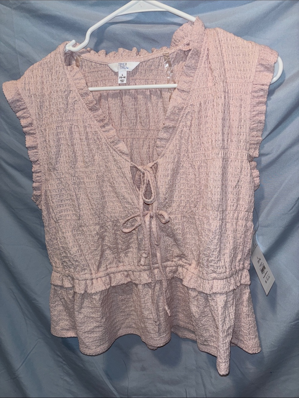 Time and Tru Light Blush Pink Ruffled Tie-Front Peplum Blouse
